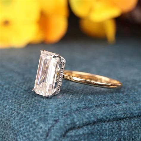 Emerald Cut Moissanite Ring Unique Engagement Ring White Gold Etsy