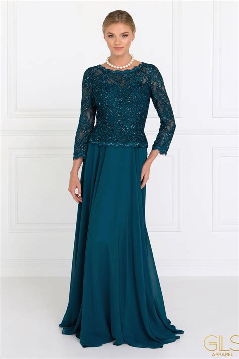 34 Sleeve Long Teal Dress With Lace Bodice By Elizabeth K Gl1509