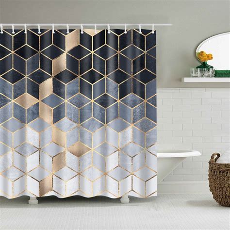 Gradient Hexagon Marble Effect Shower Curtain Set 4 Pcs Back Grey