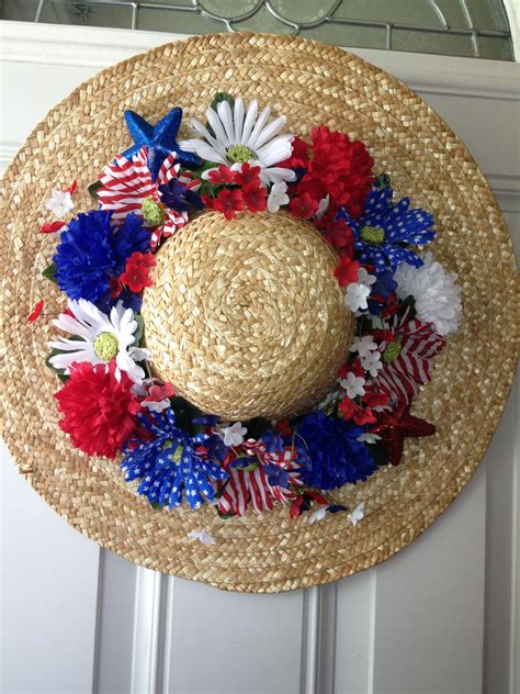Straw Hat Decorated With Red White And Blue Flowers Straw Hat