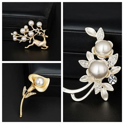 Fashion Alloy Cryatal Brooch Pins Women Badges Pearl Flower Brooches Rhinestone Brooches For
