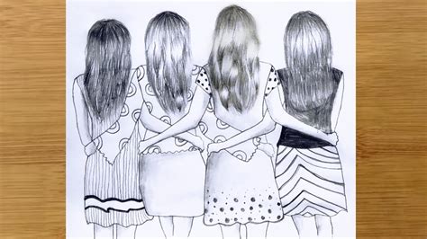 Best Friends Pencil Sketch Tutorial How To Draw Four Friends Hugging