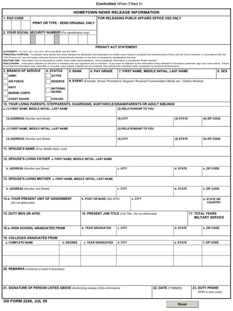 Dd Form 2266 Hometown News Release Information Dd Forms