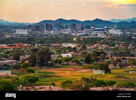 Phoenix Arizona Skyline At Sunset Stock Photo Alamy