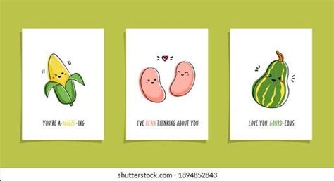Set Of Cards With Veggies And Funny Phrases Puns With Cute Corn Bean