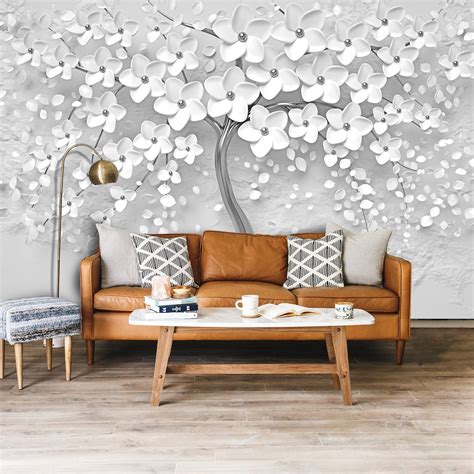 3d Look Silver Tree Wallpaper White 3d Floral Wall Poster Wall Art Floral Mural Living Room