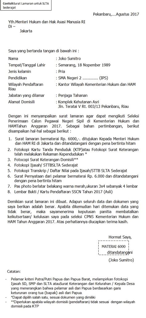 Contoh surat lamaran pekerjaan yang umum. Format Terbaru Contoh Surat Lamaran CPNS Kementerian Hukum dan HAM Tahun 2017 - Rekrutmen ...