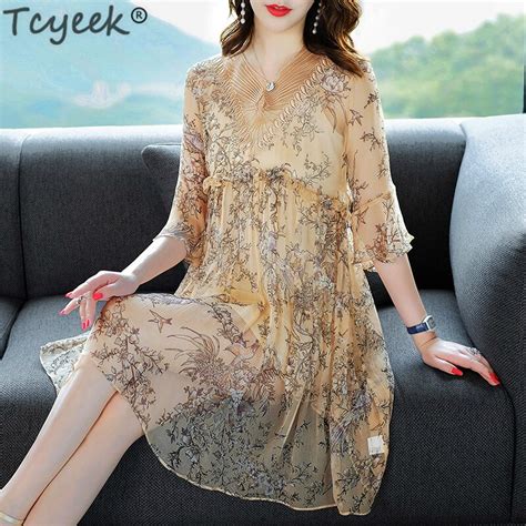 Tcyeek Party Dress Women Elegant Silk Dress Mini Print Floral Maxi Dresses Summer Loose Vestido
