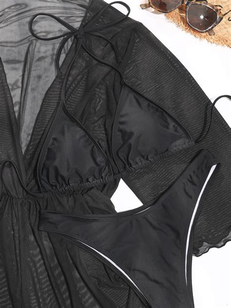 Sheer Mesh Bikini Set Halter Triangle Bra Thong Bottom Cover Up