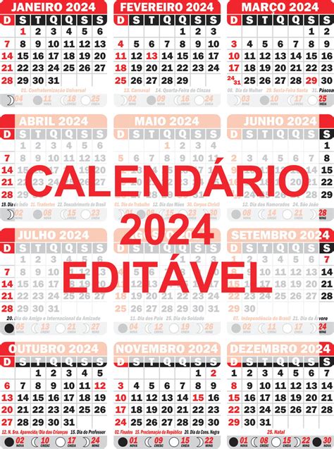 Calendário 2024 Editável Arquivo Digital Elo7