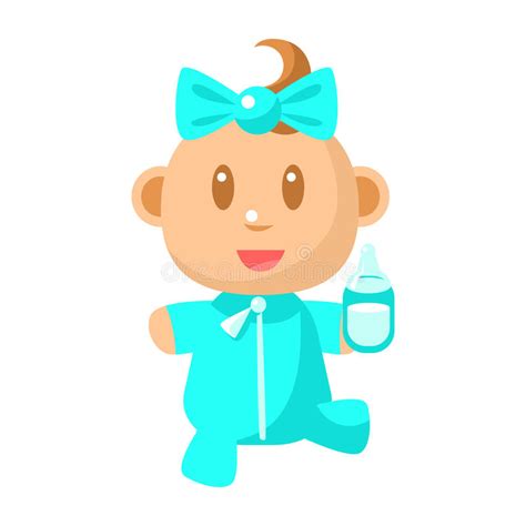 Small Happy Baby Walking In Blue Pajama Holding A Milk Bottle Vector