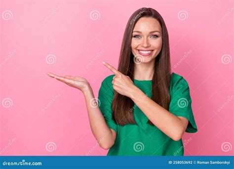 Portrait Of Pretty Cheerful Person Direct Finger Arm Palm Hold Empty