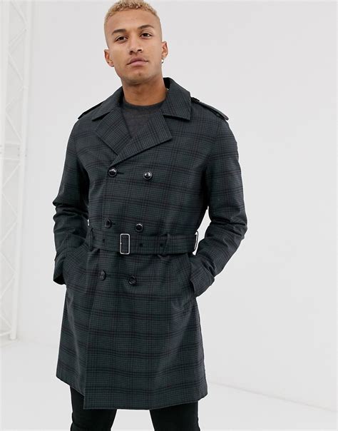 Asos Design Double Breasted Trench Coat In Navy Check Modesens