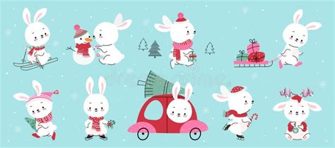 New Year 2023 Rabbit Cartoon Winter Rabbits Sweet Bunny And Snowman