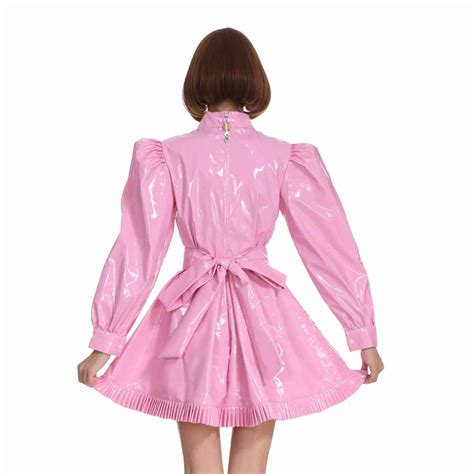 Sissy French Maid High Collar Long Sleeves Lockable Pink Pvc Dress