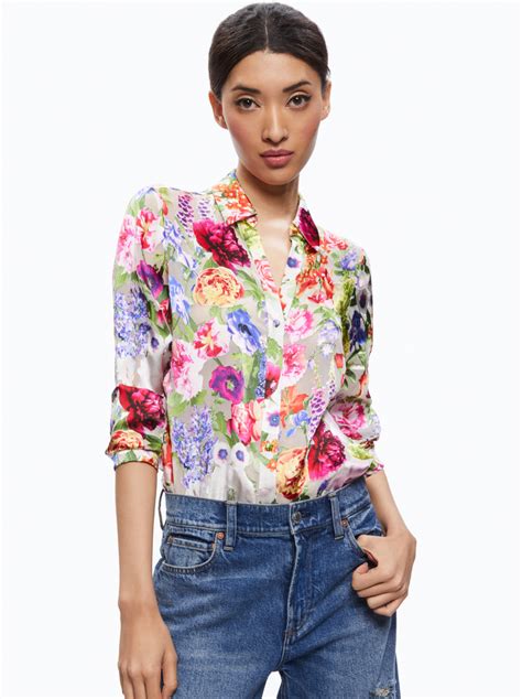 Eloise Button Down Blouse In Flower Shop Alice And Olivia