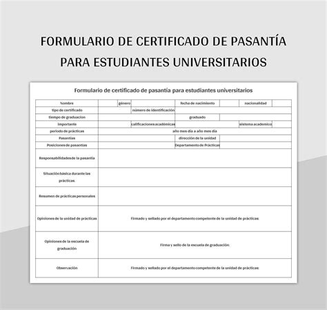 Plantilla De Excel Formulario De Certificado De Pasantía Para