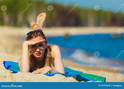 Summer Vacation Girl In Bikini Sunbathing On Beach Stock Photo Image