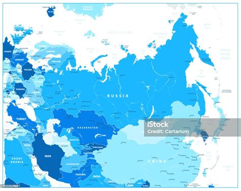Ilustración De Mapa Político De Eurasia En Tonos Azules Y Más Vectores