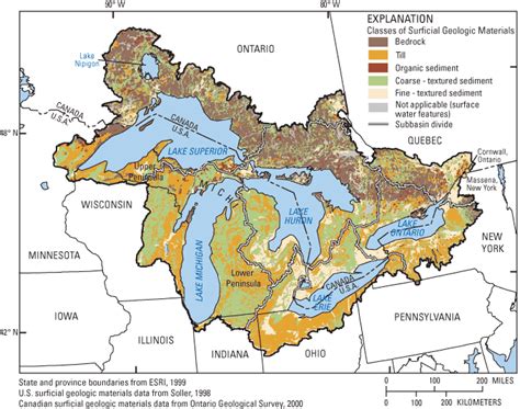 Map Showing Study Area And Surficial Geology Of The Great Lakes Basin