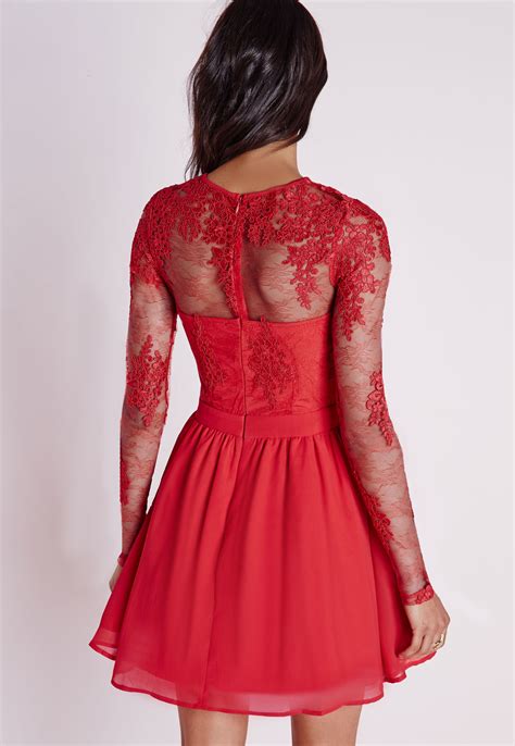 Missguided Premium Lace Long Sleeve Skater Dress Red Lyst
