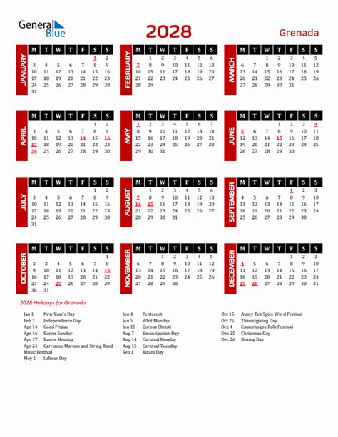 2028 Holiday Calendar For Grenada Monday Start
