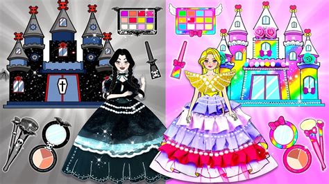 Paper Dolls Dress Up Black Wednesday Addams Rainbow Rapunzel Castle Barbie S New Home