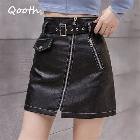Qooth Spring Sashes Zipper A Line Pu Skirts Women Fashion Elegant Pocket Short Mini Leather