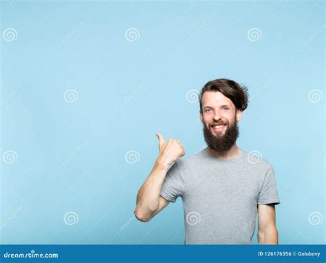 Man Point Behind Advertising Bearded Hipster Stock Photo Image Of