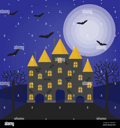Halloween Vector Illustration With Haunted House Full Moon Trees And