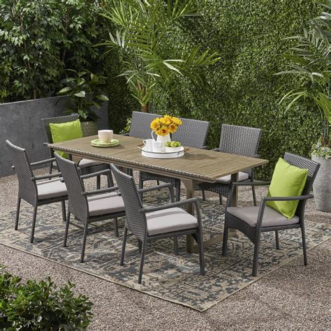 Julianna Outdoor 8 Seater Expandable Wood And Wicker Dining Set Gray