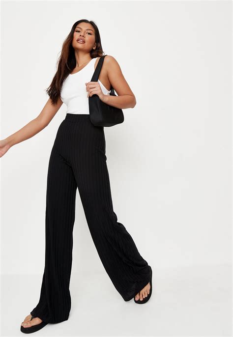 Black Ribbed Wide Leg Pants Missguided