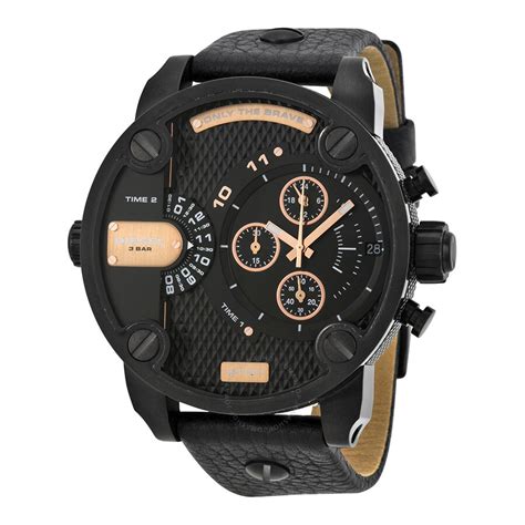 Diesel Little Daddy Dual Time Chronograph Black Dial Leather Mens