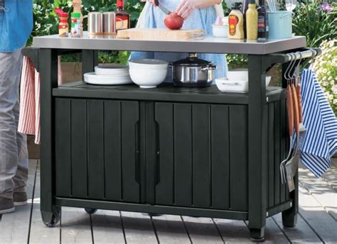 The work tables are available in a variety of styles and sizes to enhance the decor of any kitchen, residential or commercial area. KETER UNITY XL BBQ STORAGE/WORK TABLE