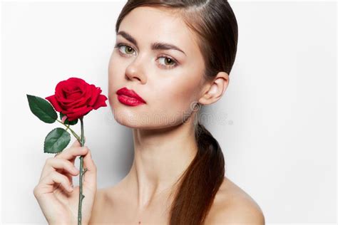 Lady With Rose Eyes Closed Red Lips Model Luxury Stock Image Image Of
