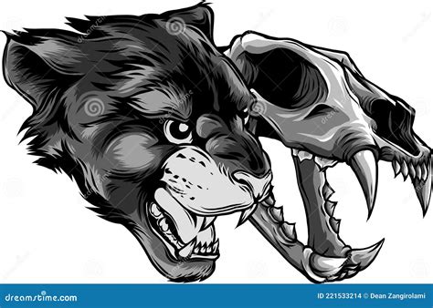 Cougar Panther Head With Skull Vector Illustration Stock Vector