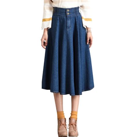 Casual Denim Skirts For Women Cotton Blend New Fashion Mid Calf A Line Skirts Autumn Spring