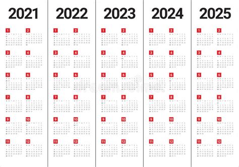 Year 2021 2022 2023 2024 2025 Calendar Vector Design Template Stock