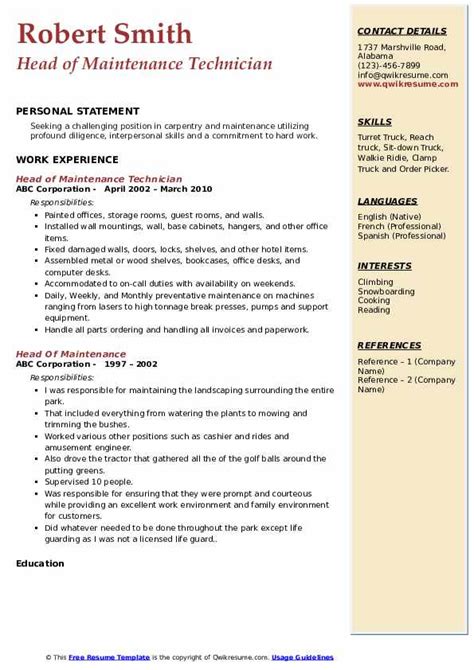 Head Of Maintenance Resume Samples Qwikresume