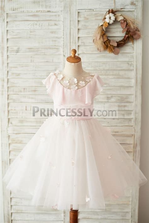 Pearls Sheer Neck Chiffon Frills Tulle Pink Wedding Flower Girl Dress Avivaly