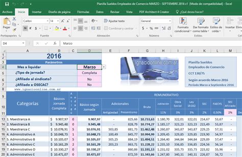 Planilla Excel Sueldos De Empleados De Comercio Marzo A Septiembre 2016