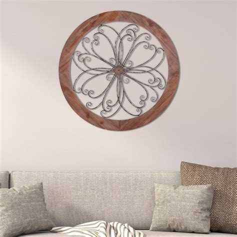 Patton Wall Decor Rustic Round Wood And Metal Decorative Scroll Wall