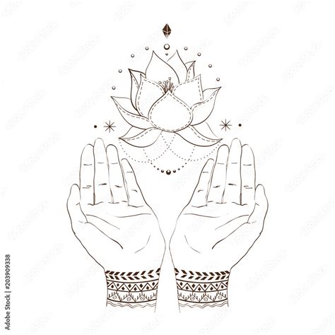 Womans Hands With Mehendi Design And Soaring Lotus Flower Hindu