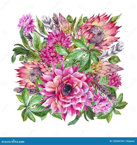 Tropical Watercolor Greeting Card Of Protea And Colorful Flowers