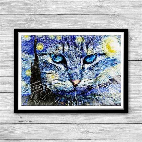 Cat And Starry Night Print This Is An Reproduction Of Vincent Van Goghs