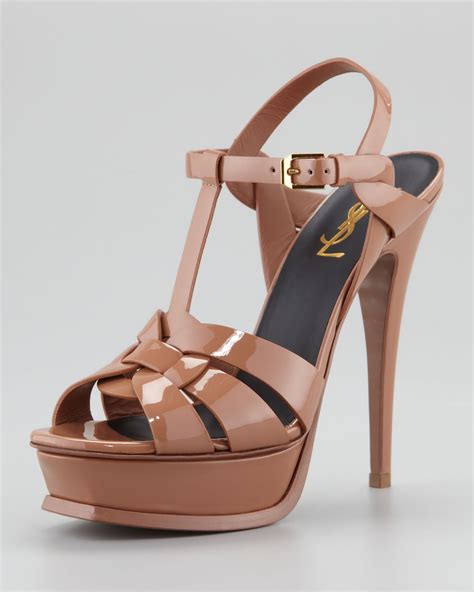 saint laurent tribute patent leather sandal in dark nude brown lyst