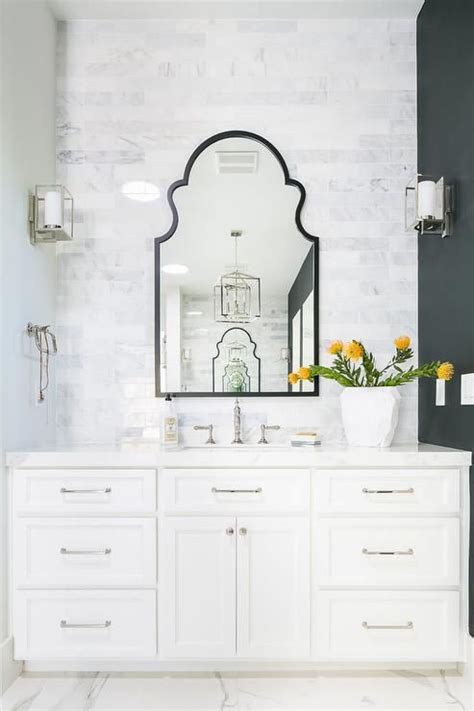 This Elegant Charming Bathroom Boasts A Black Arch Vanity