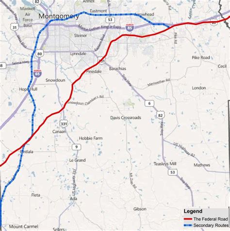 Montgomery County Showing The Original Federal Road Route Red And The