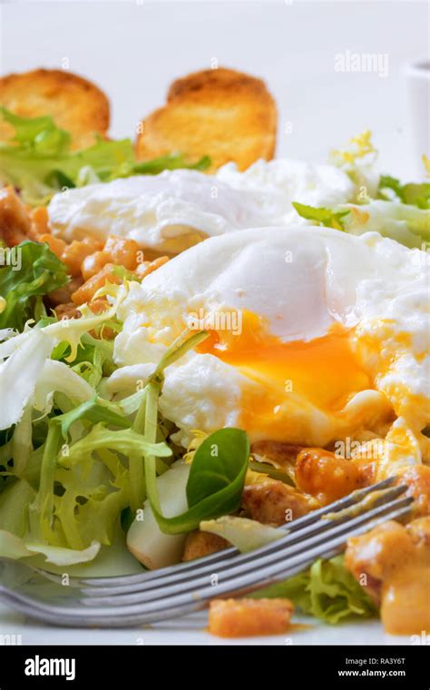 Classic French Salad Great Salad Lyonnaise Dish With Green Leaves Of