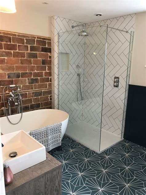 Bathroom Renovation Herringbone Tile Exposed Brick Feature Wall Moroccan Hex Floor Tiles
